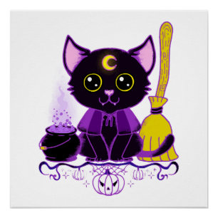 Süße Halloween-Schwarze-Katze-Hexe Poster