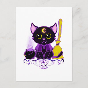 Süße Halloween-Schwarze-Katze-Hexe Postkarte
