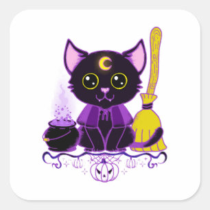 Süße Halloween-Schwarze-Katze-Hexe Quadratischer Aufkleber