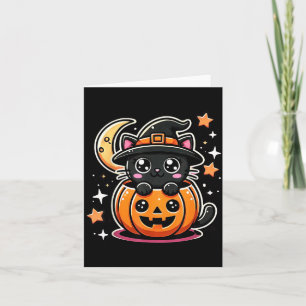 Süße Halloween-Schwarze Katze in Kürbis mit Hexenh Karte