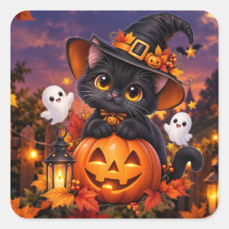 Süße Halloween-Schwarze-Katze-Kürbis-Hexe-Quadrat- Quadratischer Aufkleber