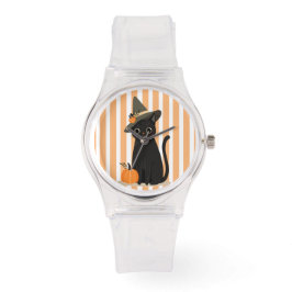 Süße Halloween-Schwarze Katze mit Hexenhut-Kürbis Armbanduhr