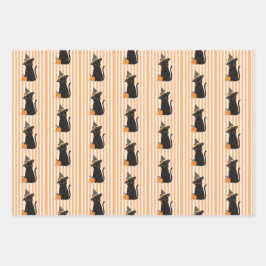 Süße Halloween-Schwarze Katze mit Hexenhut-Kürbis Geschenkpapier Set