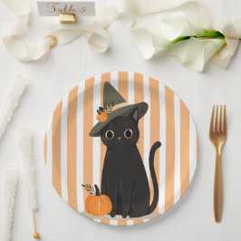 Süße Halloween-Schwarze Katze mit Hexenhut-Kürbis Pappteller