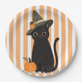 Süße Halloween-Schwarze Katze mit Hexenhut-Kürbis Pappteller