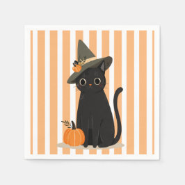 Süße Halloween-Schwarze Katze mit Hexenhut-Kürbis Serviette