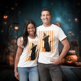 Süße Halloween-Schwarze Katze mit Hexenhut-Kürbis T-Shirt