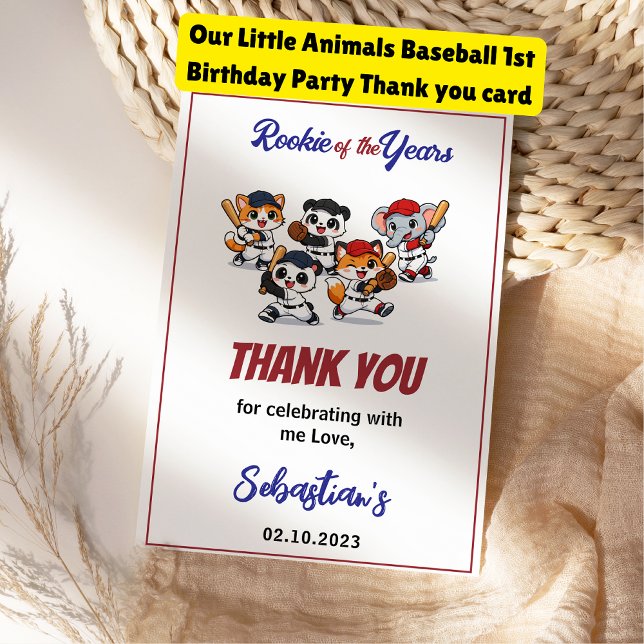 Süße Hamster-Geburtstagsfeier | Kinder-Tiere Dankeskarte (Our Little Animals Baseball 1st Birthday Party thank you card
)