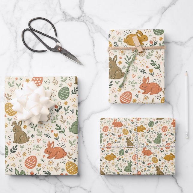 Süße handgezeichnete Frühlingshasen Geschenkpapier Set (Vorderseite)