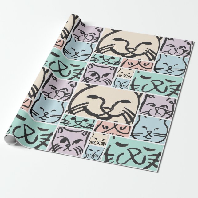 Süße handgezeichnete Katzen-Gesichter-Muster Geschenkpapier (Ungerollt)