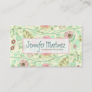 Süße handgezeichnete Retro-Blumen Grün & Beige Visitenkarte