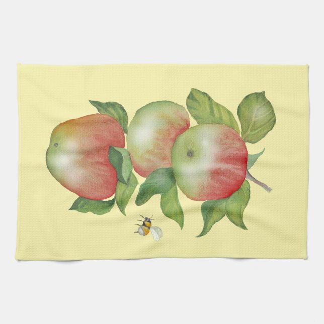 Süße Harmonie: Aquarelläpfel und eine Biene Geschirrtuch (Horizontal)