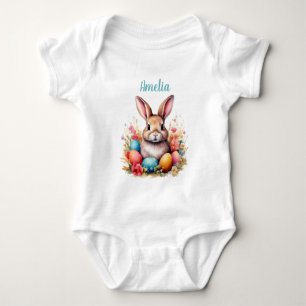 Süße Häschen Eier Blumen Frohe Ostern Name Baby Strampler