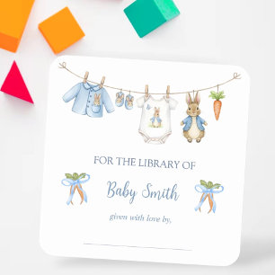 Süße Häschen-Jungen-Wäscheleine Buch-Exlibris Quadratischer Aufkleber
