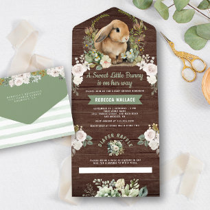 Süße Häschen Sage Grün Floral Holz Babyparty All In One Einladung