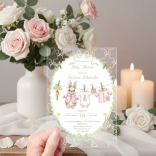 Süße Häschenkleidung Wäscheleine Babyparty Acryleinladungen