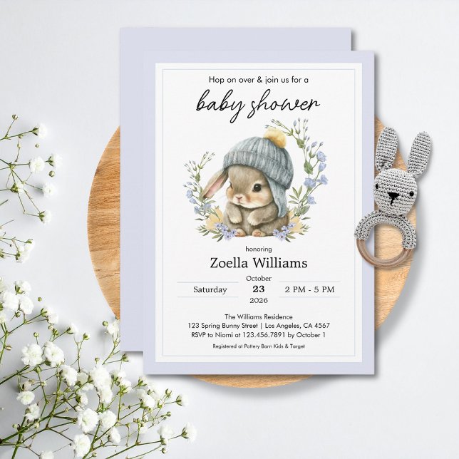 Süße Hasen Blumen Frühling Baby Shower Einladung (Baby Shower Invitations Watercolor Cute Simple Bunny 3)