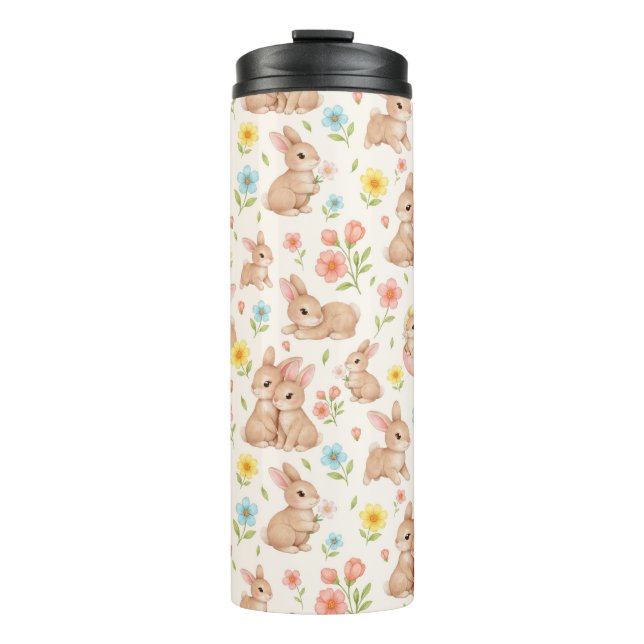Süße Hasen und Blumen Muster Thermosbecher (Vorderseite)