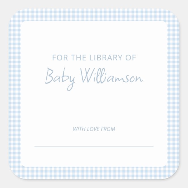 Süße hellblaue Gingham-Baby-Shower-Exlibris Quadratischer Aufkleber (Vorderseite)