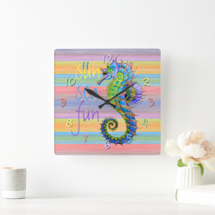 Süße helle Sonnenuntergangsfarben Kunst-Seepferdch Quadratische Wanduhr