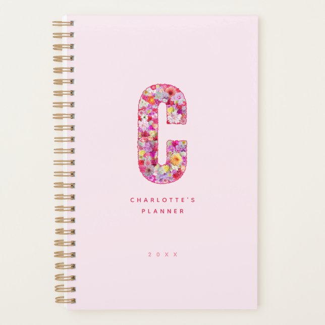 Süße hellrosa florale monogrammierte Personalisier Planer (Vorderseite)