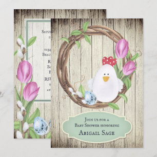 Süße Henne, Eier, Kranz und Tulpen Baby Shower Einladung