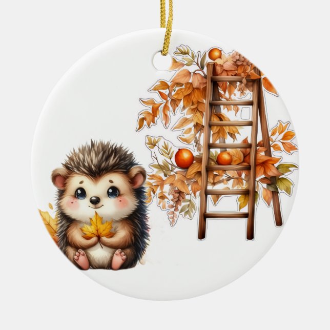Süße Herbst-Igel mit Ernteleiter-Illustration Keramik Ornament (Vorne)
