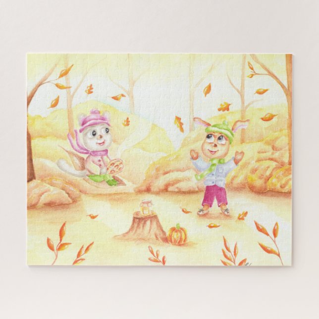 Süße Herbstwanderung im Wald Puzzle (Horizontal)