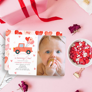 Süße Herzchen Rosa LKW-Foto Mädchen 1. Geburtstag Einladung