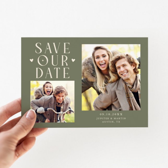 Süße Herzen 2-Foto Salbeigrüne Hochzeit Save The Date (Von Creator hochgeladen)