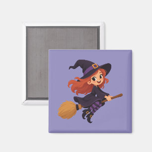 Süße Hexe auf Besen Halloween-Cartoon-Illustration Magnet