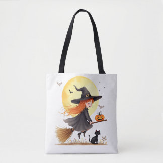 Süße Hexe auf Besenstiel-Tasche