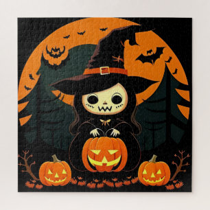 Süße Hexe hält Kürbis an gruseligen Halloween Puzzle