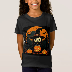 Süße Hexe hält Kürbis an gruseligen Halloween T-Shirt