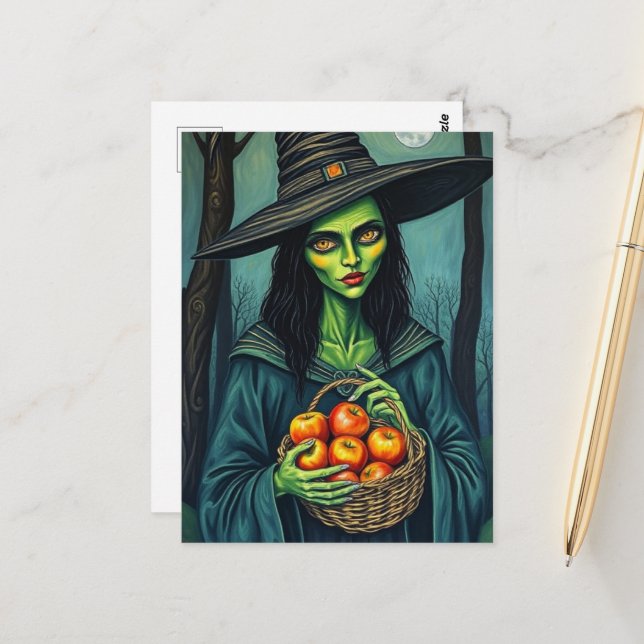 Süße Hexe mit Äpfeln Postkarte (Vorderseite/Rückseite Beispiel)