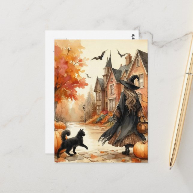 Süße Hexe mit ihrer schwarzen Katze Herbst-Aquarel Postkarte (Vorderseite/Rückseite Beispiel)