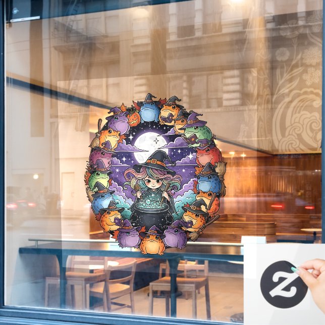 Süße Hexe schafft magische Momente mit Kröten Fensteraufkleber (Café-Fenster)