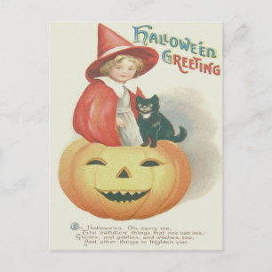 Süße Hexe schwarze Katze Jack O Lantern Postkarte