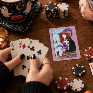 Süße Hexe schwarze Katze rosa Zaubertränke Bücher Spielkarten