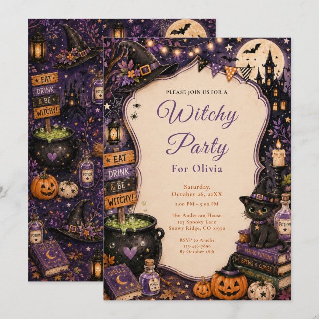 Süße Hexen-Halloween-Party Einladung (Vorne/Hinten)