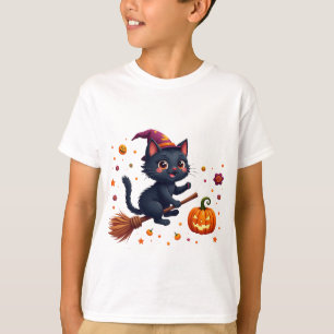 Süße Hexen-Kätzchen auf einem Besen Halloween T-Shirt