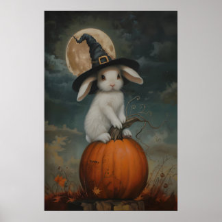 Süße Hexenkaninchen auf Kürbis Kunst Druck, Hallow Poster