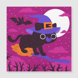 Süße Hexenkatze fliegt auf Besen Halloween Kawaii Magnetkarte