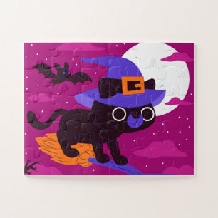 Süße Hexenkatze fliegt auf Besen Halloween Kawaii Puzzle