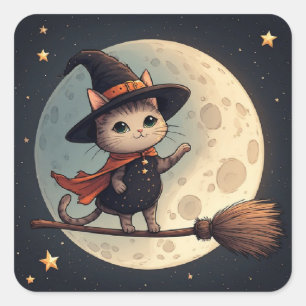 Süße Hexenkatze Mondlicht Halloween Himmel Thema � Quadratischer Aufkleber