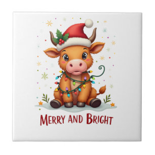 Süße Highland-Babykuh-Weihnachtslichter Merry & Br Fliese