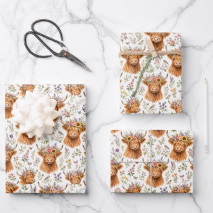 Süße Highland-Kuh Blumen-Watercolor-Whimsy Geschenkpapier Set