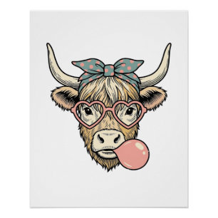 Süße Highland-Kuh-Bubble-Gum-Vintage-Vektorgrafik Poster