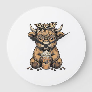 Süße Highland-Kuh-Kaffe-Vintage-Vector-Shirt_1 Große Wanduhr