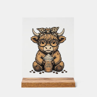 Süße Highland-Kuh-Kaffee-Vintage-Vector-Shirt_1 Acrylschild